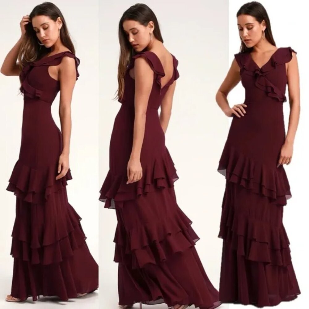 Lulus Majesty Burgundy Ruffled Chiffon Tiered Maxi Dress Size M Chic wedding